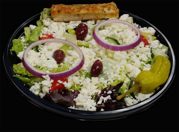 greek salad with feta cheese crumbles